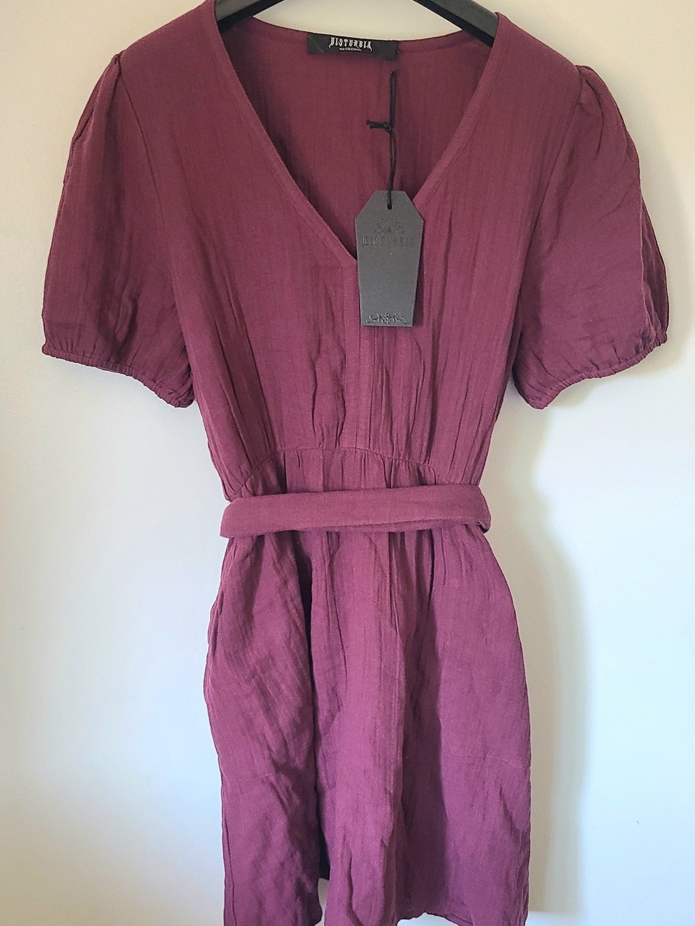 Disturbia Poultice Plum Mini V-Neck Belted Dress